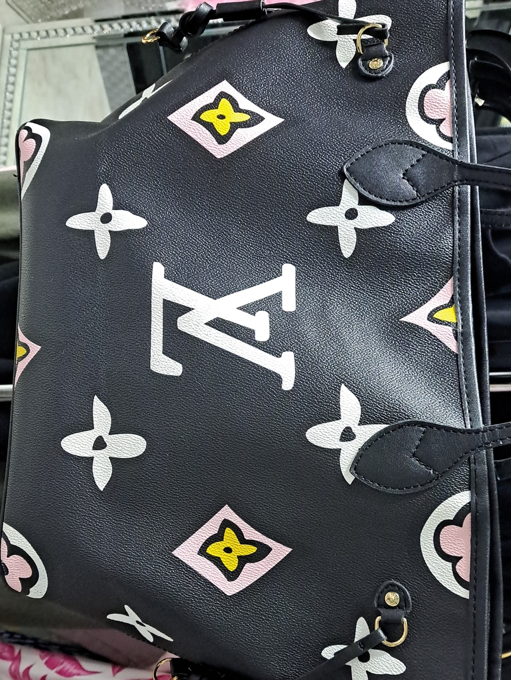 Louis Vuitton Black Tote with White Monogram and Pink & Yellow Accents